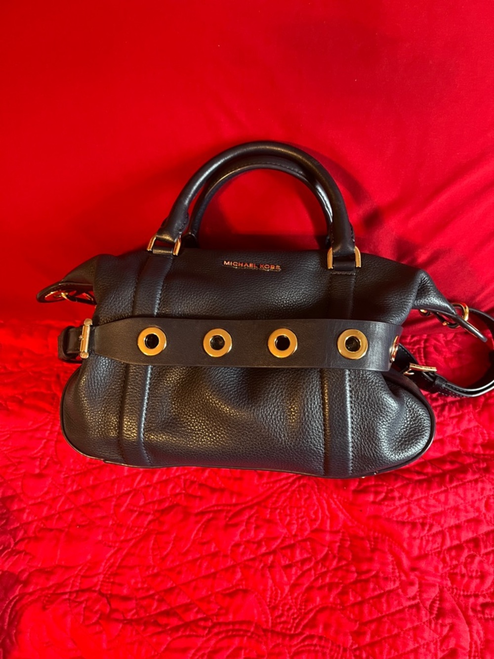 Michael Kors Navy Leather Satchel with Gold Grommet Trim